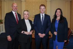 First Minister Michelle O'Neill and deputy First Minister Emma Little-Pengelly with U.S. Special Envoy to NI for Economic Affairs Joe Kennedy and U.S Consul General James Applegate.
