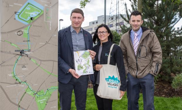 Sandy Uprichard, Wayne Irvine from the Urban Village Initiative team with Michele Bryans, Connswater Community Greenway Engagement and Volunteer Manager, Eastside Partnership at the launch of the Connswater Community Greenway ‘green walking’ map
