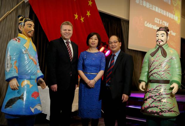 Junior Minister Alastair Ross pictured with Madam WANG, the Consulate General of the People's Republic of China in Belfast and Mr Danny Wong MBE, Chairperson of the Chinese Chamber of Commerce in NI at a gala dinner in Belfast to celebrate the Chinese New