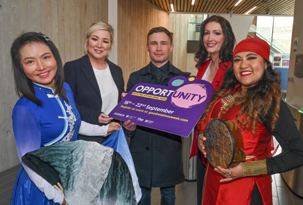 Pictured launching Good Relations Week 2024 is First Minister Michelle O’Neill and deputy First Minister Emma Little-Pengelly alongside Carl Frampton, Chinese Dancer, Weihong Tu and Syrian Dancer, Mar Decena. 