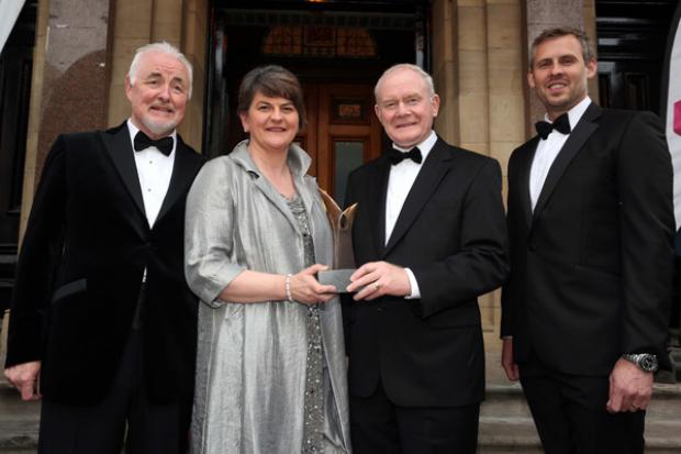 First Minister, Arlene Foster and the deputy First Minister, Martin McGuinness pictured with Terence Brannigan, Chairman Tourism NI, Brian Beattie, Director of Marketing, Tennent's NI, Terence Brannigan, Chairman Tourism NI, at the NI Tourism Awards 2016.
