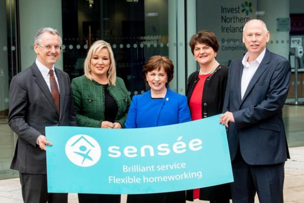 Pictured L-R: Kevin Holland, Chief Executive Invest NI, Michelle O'Neill, deputy First Minister, Diane Dodds, Economy Minister, Arlene Foster, First Minister and Rob Smale, Sensée Chief Operating Officer