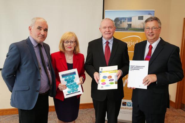The deputy First Minister, Martin McGuinness is pictured with Peter Doran, Law School, Queens University Belfast, Aideen McGinley co-chair of the Carnegie Roundtable on Measuring Wellbeing and Martyn Evans, Chief Executive of the Carnegie Trust