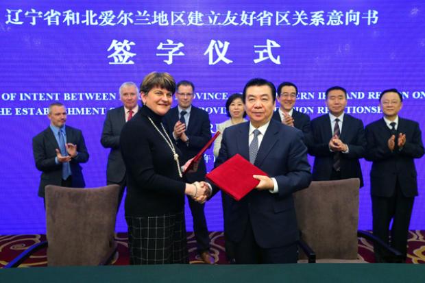 First Minister Arlene Foster is pictured during a meeting at Shenyang, Liaoning in China with Vice Governor Bing Zhigang