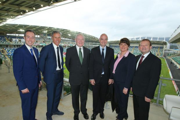 First Minister and the deputy First Minister pictured with Communities Minister Paul Givan, Marco Van Basten, FIFA President, Gianni Infantino and Irish FA President, David Martin before the official opening ceremony.