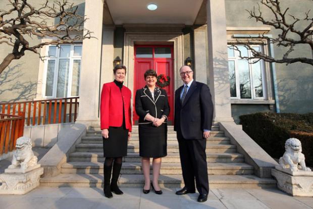 First Minister Arlene Foster is pictured with Barbara Woodward, Britain’s Ambassador to China and Paul Kavanagh, Ireland's Ambassador to China during a meeting in Beijing.