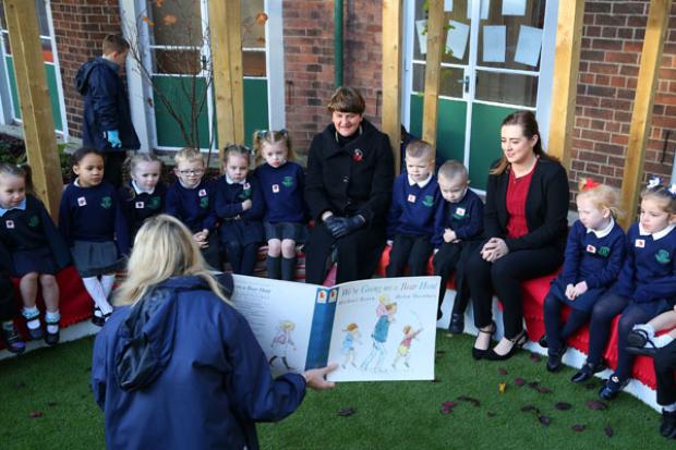 Pictured with the Ministers are pupils from Blythefield during their outdoor story time.