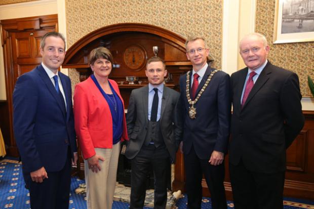  Carl Frampton is pictured with Minister for Communities, Paul Givan, First Minister Arlene Foster, Lord Mayor of Belfast Brian Kingston and deputy First Minister Martin McGuinness