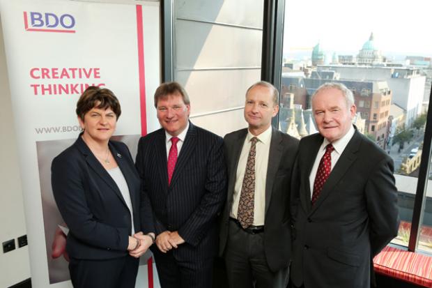 Pictured left to right are First Minister, Arlene Foster, Peter Burnside, Managing Partner BDO NI, Ashley Carter, BDO LLP London and deputy First Minister, Martin McGuinness‎.