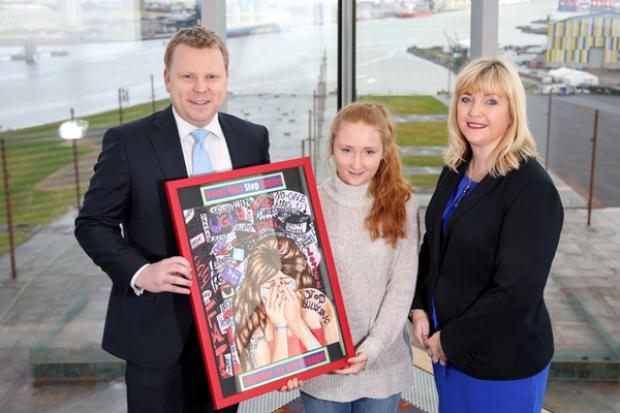 Junior Minister, Alastair Ross and Celine McStravick, Chair of Northern Ireland Anti-Bullying Forum pictured Hannah Rachel Storey (15), Crumlin Integrated College, Co. Antrim winner of the Individual without Senior Adult Support Category.