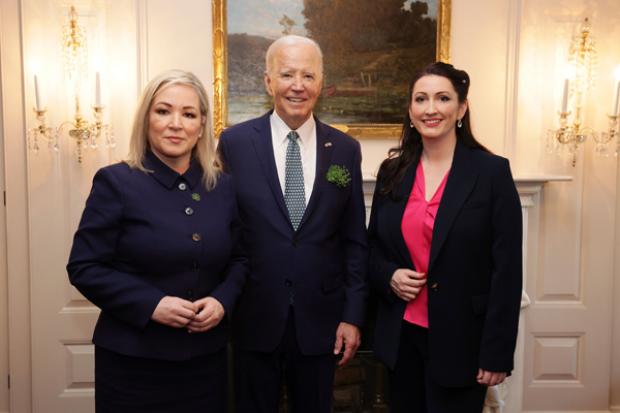 Pictured at the St Patrick's Day reception in the White House are: First Minister Michelle O'Neill, President Joe Biden and deputy First Minister Emma Little-Pengelly.