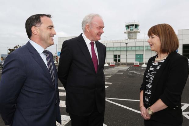 The deputy First Minister, Martin McGuinness speaking the Paul Byrne, Board member, City of Derry Airport, and Frances Wilson, Company Secretary, City of Derry  Airport.