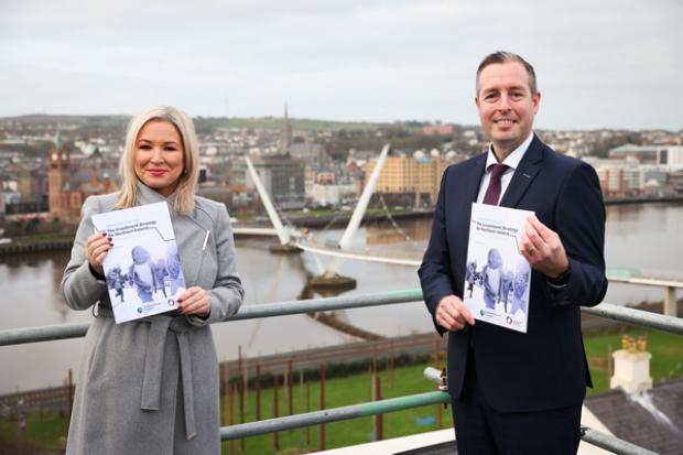 First Minister Paul Givan and deputy First Minister Michelle O’Neill with the Executive’s new draft Investment Strategy for Northern Ireland (ISNI).