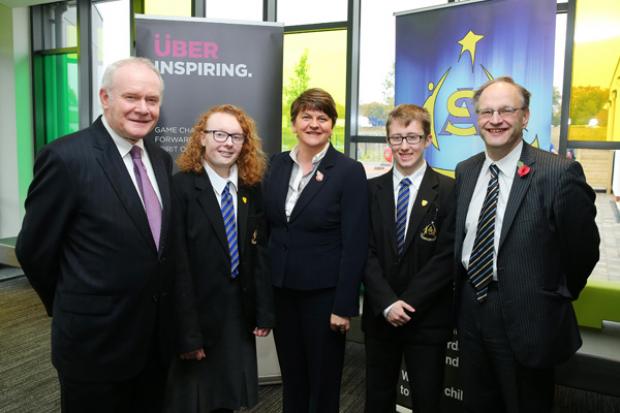 First Minister Arlene Foster, deputy First Minister Martin McGuinness and Education Minister Peter Weir are pictured at the opening of the Arvalee School and Resource Centre at the Strule Shared Education Campus in Omagh.