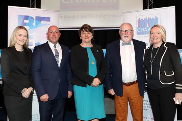 The First Minister is pictured with (l-r) Councillor Sharon Skillen; David Stitt, CEO Charter NI; First Minister Arlene Foster; Drew Haire, Chairperson Charter NI; Caroline Birch, Project Manager