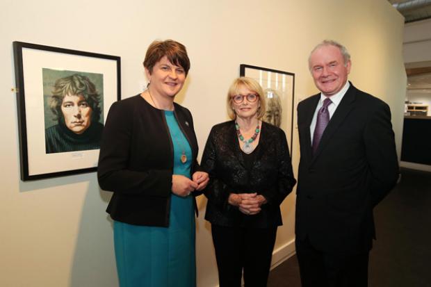 First Minister, Arlene Foster and the deputy First Minister, Martin McGuinness with Marie Heaney, wife of Seamus, at the opening of Seamus Heaney HomePlace in Bellaghy.