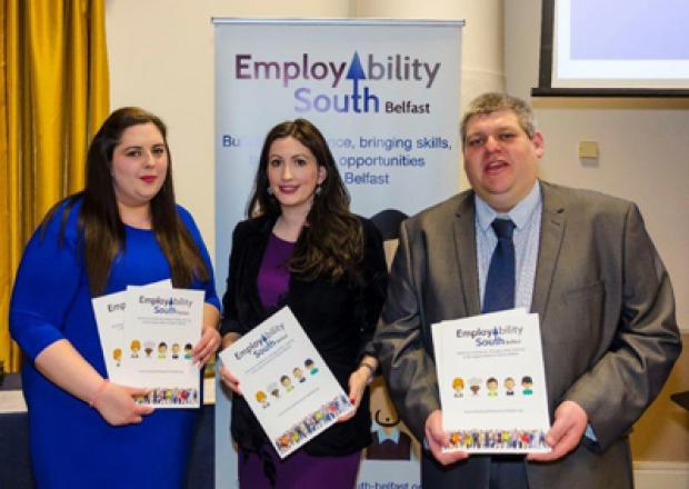 Pictured left to right: Ceallaigh Gatt, Community Marketing Officer, GEMS NI (project delivery agent); Emma Little Pengelly MP; Stephen Atkinson, Employability South Programme Manager, GEMS NI