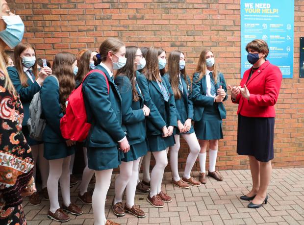 First Minister Arlene Foster meets pupils during a visit to Banbridge Academy.