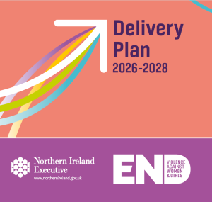 Image of cover of Ending Violence Against Women and Girls (EVAWG) Second Delivery Plan 2026-2028 with arrow design and NI Executive logo and EVAWG logo