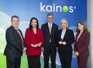 Pictured from left to right: Invest NI CEO Kieran Donoghue; deputy First Minister Emma Little-Pengelly; Kainos CEO Brendan Mooney; First Minister Michelle O’Neill and Economy Minister Dr Caoimhe Archibald.
