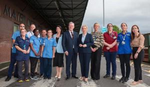 Pictured from left to right: Deputy First Minister Emma Little-Pengelly, Health Minister Mike Nesbitt, First Minister Miichelle O'Neill with a group of staff at the Mater Hospital, Belfast.