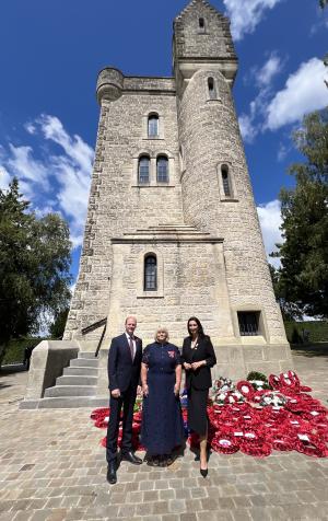 Communities Minister Gordon Lyons, Carol Walker MBE, Somme Association, and deputy First Minister Emma Little-Pengelly at the Ulster Tower in France