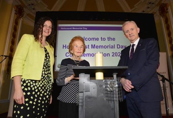 Holocaust survivor Eve Kugler with Rachel Century, Deputy CEO of the Holocaust Memorial Day Trust, and Denis McMahon, Permanent Secretary of The Executive Office, at the Regional Commemoration.