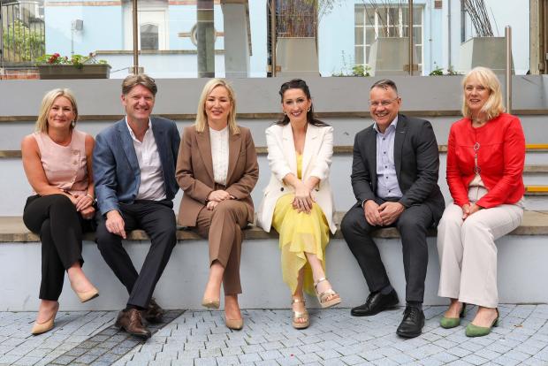 First Minister Michelle O’Neill and deputy First Minister Emma Little-Pengelly are pictured with Anna Doherty, CEO of the Londonderry Chamber of Commerce and Chamber Board members Steven Lindsay (President), Andrew Fleming and Clare McGee. 